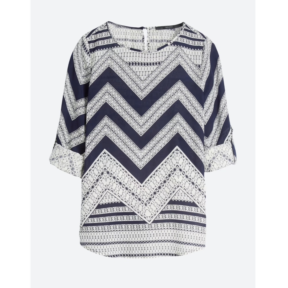 Fun2Fun Chevron Print Roll Tab Blouse Navy White XL EUC